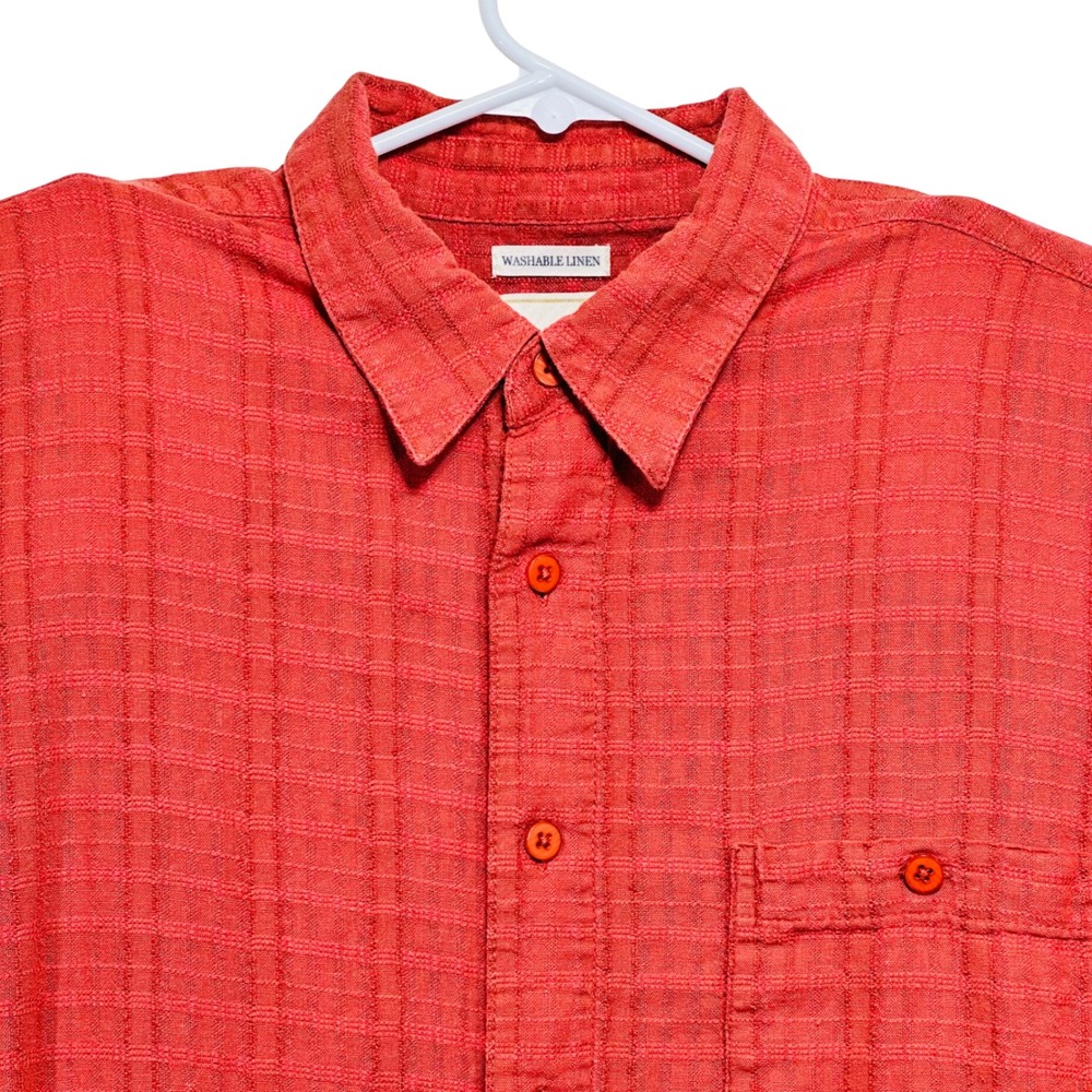 Saddlebred Mens XL Red Linen Blend Short Sleeve Button Down Textured Grid Shirt